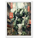 Artery8 Mecha Robot in City Street Anime Sci-Fi Artwork Red Green Giant Humanoid Machine Fantasy Science Fiction Artwork Framed A3 Wall Art Print