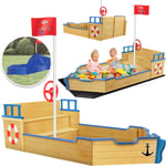 KIDIZ® Bac à sable Ahoi - Bateau pirate Bateau à voile en bois Avec couvercle Plancher Banc Mât de drapeau Jouets de sable Bleu