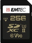 EMTEC - Carte SDXC UHS-II U3 V90 SpeedIN Pro+ ECMSD256GUHS2V90 - Carte Mémoire - Photos en Rafale, Vidéos Full HD, 3D, 4K, 8K UHD - Capacité de Stockage 256Go, 256GB - 2 Rangées PIN au Dos - Noir/Doré