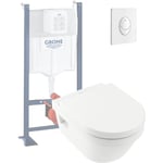 Wc suspendu sans bride villeroy et boch Architectura + abattant + bati support grohe + plaque de commande blanche