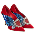 DOLCE & GABBANA Velvet Pumps LORI Sacred Heart Wings Embroidery Red Blue 09034