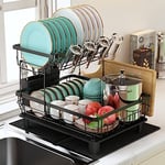 MAJALiS Dish Drainer Rack, 2 Tier Dish Drainer with Drip Tray and Drainer Mat, Stainless Steel Dish Rack with Utensil Holder, Swivel Spout, Draining Board for Kitchen Counter, Black