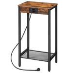 HOOBRO Table d'Appoint Haute avec Station de Charge, Table de Téléphone à 2 Niveaux avec Étagère en Maille, Table de Canapé Étroite avec Prise et Ports USB, Marron Rustique et Noir EBF08CDH01