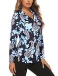 Gemulate Womens Zip up Gym Jacket Long Sleeve Tops Ladies Golf Polo Shirts UPF50+ Workout Tops Sports Shirt Black Blue Floral L