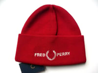 Genuine FRED PERRY Siren Red Deep Cuff Logo BEANIE HAT Toque UNISEX New Tags