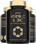 Vitamin C and Zinc Tablets - 1000mg VIT C Enhanced with Zinc, Iron, Copper High Strength - 120 Easy to Swallow Capsules - Vegan Immune System Complex Vitamin C Supplement with Superior Absorption