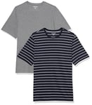 Amazon Essentials Men's T-Shirt Regular-Fit Short-Sleeve Crewneck, Pack of 2, Grey Heather/Navy Stripes, S