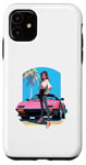 Coque pour iPhone 11 Fille de style anime et manga devant une voiture de sport rose