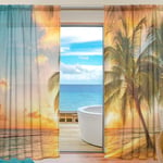 ALAZA Sheer Voile Curtains, Landscape Beach Palm Sunset Polyester Fabric Window Net Curtain for Bedroom Living Room Home Decoration, 2 Panels, 84 x 55 inch