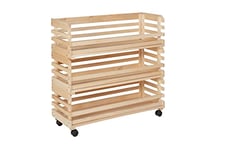 Inter Link - 3 Caisses empilables en bois naturel massif - Caisse de rangement sur roulettes, caisse de stockage pour fruits, légumes - Gain de place, pratique et polyvalent - 70 x 30 x 80 cm