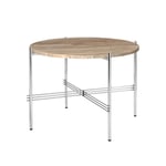 Gubi - TS Coffee Table - Round, Ø55 Polished Steel Base, Table Top Warm Taupe Travertine - Sidobord - GamFratesi - Beige - Metall/Sten