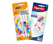 Set de bureau BIC Tye Die, Avec 3 Stylos BIC 4 Couleurs à Pointe Moyenne (1 mm) et 1 Set de 2 Souris Correctrices Blanches, 3 Stylos et 2 Souris