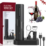 Tire Bouchon Electrique 6 En 1 Coffret Cadeau,Ouvre Bouteille Avec Base De Rangement,Coupe-Capsule,Bouchon En Silicone Sous Vide,Verseur,Câble Usb,Pour Cadeau De Amateurs De Vins