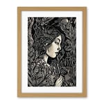 Artery8 Woman with Crow in a Field Black and White Linocut Artwork Framed Wall Art Print 18X24 Inch