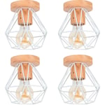 4PCS Plafonnier Vintage Rétro E27 Lampe de Plafond Cage Diamant en Bois et Fer Blanc