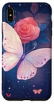 Coque pour iPhone XS Max Rose et papillon mignon sur fond bleu