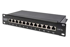 DIGITUS Cat-6A Panneau de brassage - 12 ports - RJ45 femelles - montage en rack 10 pouces 1U - panneau de distribution LSA - blindé - noir