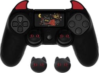 Protection Manette Pour Ps4 Avec Capuchon Joystick,Housse Coque De Protection Pour Ps4 Pro Avec Thumbsticks Caps,Silicone Skin Cover Pour Ps4 Slim-Noir(Édition Démon)