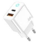 Jellico EU11 20W PD GaN Universaali Nopeasti Lataava Laturi USB-C:llä (5-12V) / USB 3A Valkoinen