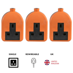 3x 13 AMP 1 Gang Rubberised Socket 13A Mains Extension Electric Trailing Orange