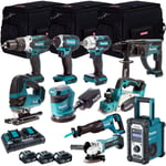 Makita 18V 10 Piece Power Tool Kit 3 x 5.0Ah Battery Charger & Bag T4TKIT-12998