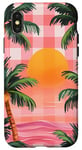 Coque pour iPhone X/XS Rose Art Déco Plage à Carreaux Coucher De Soleil Océan Whimsical Palm