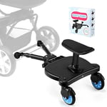 BugyKido Buggy Board with Seat, Universal Pram Standing Board for Children, Pram Accessory from 2-6 Years (25 kg), for Over 99% of Baby Carriages (Blue Wheels)