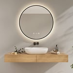 EMKE Miroir de Salle de Bain Rond avec eclairage, Diamètre 80 cm, Miroir de Salle de Bain Cadre Noire avec Interrupteur Tactile, Anti-buée, Horloge, Température, Dimmable, Éclairage Neutre