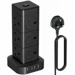 Hulker Tower Extension Lead with USB 12 Way 4 USB (1 Type C and 3 USB Ports) Multi Plug Extension Socket Black Vertical Power Cord with Switch Extension Cord 2M Overload Protection 3250W 13A