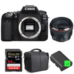 Canon EOS 90D + EF 50mm f/1.2L USM + SanDisk 64GB UHS-I SDXC 170 MB/s + 2 LP-E6N + Sac | Garantie 2 ans