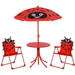 Ensemble salon de jardin enfant 4 pcs design coccinelle - table ronde + 2 chaises pliables + parasol - métal époxy oxford rouge