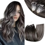 RUNATURE Balayage Extension Cheveux Naturel Loops Extension Anneaux a Froid Vrai Cheveux Ombre Noir avec Argent Extension Cheveux Humain Micro Ring 12 Pouces/30cm 50 Mèches/40g #1B/Siver/1B