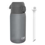 Ion8 Gourde Paille, 350 ml/12 oz, Étanche, Facile à Ouvrir, Verrouillage Sécurisé, Lavable au Lave-vaisselle, Sans BPA, Poignée de Transport, Couvercle Hygiénique, Facile à Nettoyer, Sans Odeur, Gris