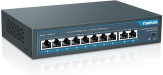 10 Port PoE Switch, 8 PoE+ Port 100Mbps, 2 Uplink Gigabit, 120W 802.3af/at, Étendre la Fonction, Metal Fanless Unmanaged