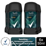 Sure Men AntiPerspirant Deodorant Stick Sensitive 72H Nonstop Protection, 6x50ml