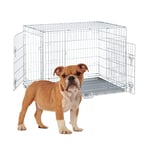 Relaxdays Cage pour Chien Pliable, Maison, Voiture, Transport, avec Fond, 2 Portes, HxLxP : 78x106x72 cm, Acier, Argent