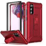 ORETech for Samsung Galaxy S20 FE Case with Kickstand, [2 x Tempered Glass Screen Protector]Full Body Anti Silp Heavy Duty Shockproof Hard PC Soft Bumper Protection Cover for Samsung S20 FE 4G/5G- Red