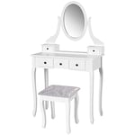 HOMCOM Coiffeuse avec Miroir et Tabouret 5 tiroirs Table de Maquillage avec Pieds en Bois de pin Massif 80 x 40 x 140cm Blanc