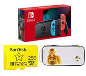 Nintendo Switch (Neon Red & Blue), 256 GB MicroSD Memory Card & Princess Zelda Slim Travel Pro Nintendo Switch Case Bundle, Red,Blue