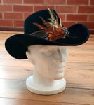 Adult Black Stetson Hat & Feather Fancy Dress Halloween Voodoo Western Cowboy