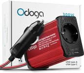 Odoga Convertisseur 12V 220V Voiture – Transformateur 300 W, Onduleur, 3A Port USB-C et USB-A, Convertisseur de Tension, Recharger Votre Ordinateur Portable, Ipad, Iphone et Plus