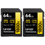 Lexar SDXC Pro 1800x U3 V60 UHS-II 64GB 280MB/s -minneskort, 2 st