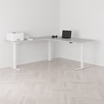 Höj och sänkbart hörnskrivbord, vänstersvängt, vitt stativ, grå bordsskiva 180x200cm