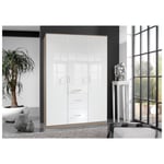 Armoire COOPER 3 portes  3 tiroirs largeur 135 laqué blanc / décor chêne