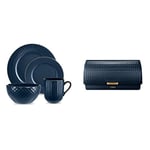 Tower T867002MNB Empire 16 Piece Dinnerware Set, Stoneware, Midnight Blue and Brass & T826090MNB Empire Roll Top Bread Bin, Stainless Steel, Midnight Blue and Brass