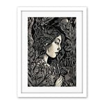 Artery8 Woman with Crow in a Field Black and White Linocut Artwork Framed Wall Art Print 18X24 Inch