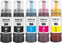 104 Encre Compatible avec Epson 104 Bouteille d'encre Multipack pour ET-1810 ET-2726 ET-2810 ET-2811 ET-2812 ET-2814 ET-2815 ET-2820 ET-2821 ET-2825 ET-2826 ET-4700 ET-4800 (5-Pack, 2BK C M Y)