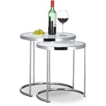 Table d'appoint ronde console table basse plateau verre blanc cadre chrome lot de 2 design moderne, argenté - Relaxdays