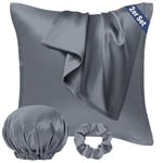 Seiwohl Taie d Oreiller en Satin 60x60 Lot de 2, Similaire aux Taies d'oreillers en Soie 60 x 60 cm Housse Coussin Protege Silk Pillowcase, Certifiée Oeko-TEX, Gris Foncé, avec 1 Chouchou et 1 Bonnet