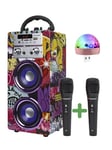 Machine à Karaoké Portable DYNASONIC avec 2 Micros, Enceinte Haut-Parleur Bluetooth, Designs Exclusifs, Lecteur USB/SD, Lumières, Cadeau pour Enfants (Modele 12 lumière)